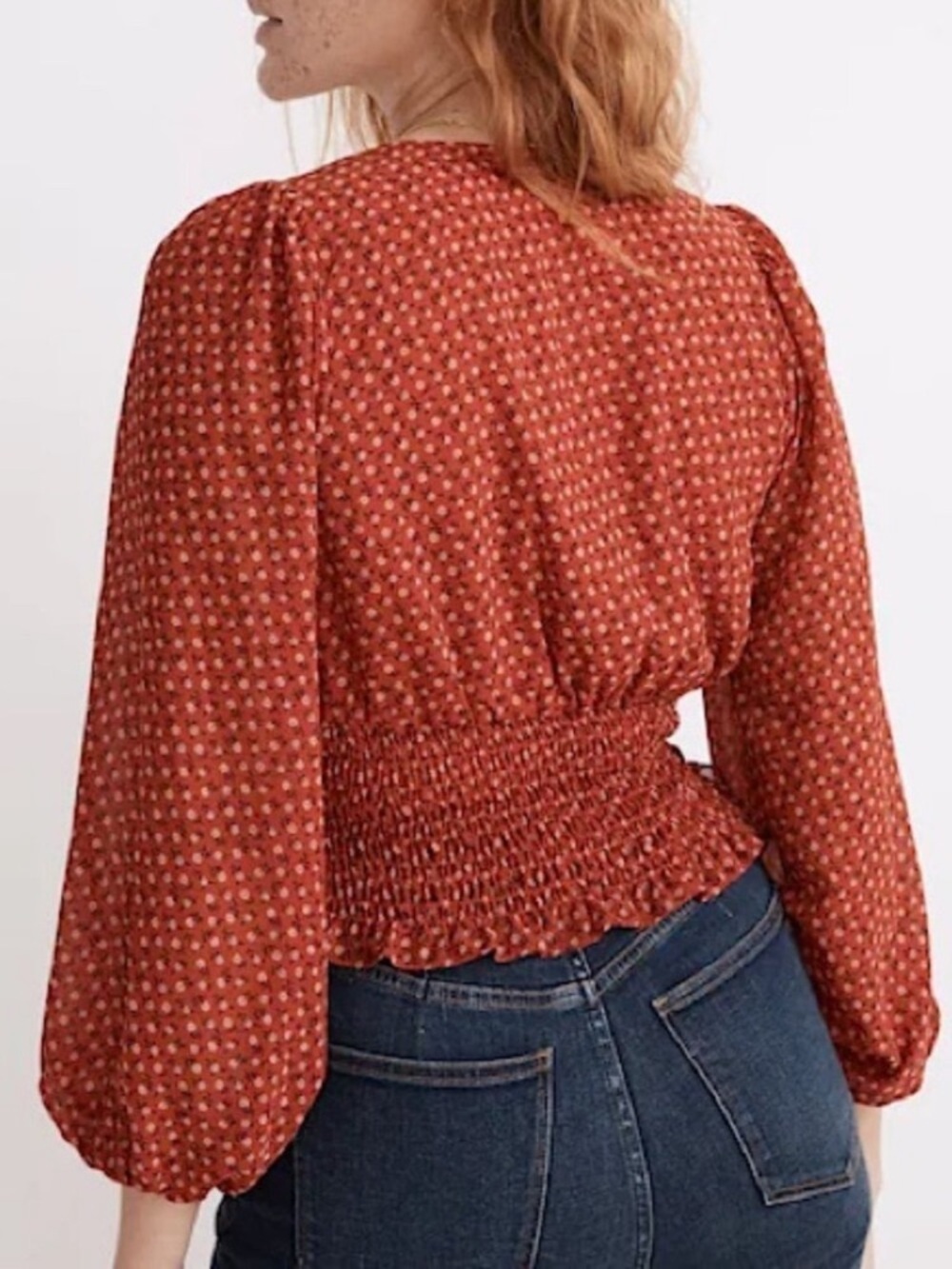 Madewell Floral Wrap Smocked Rust Red Blouse - Picture 3 of 11